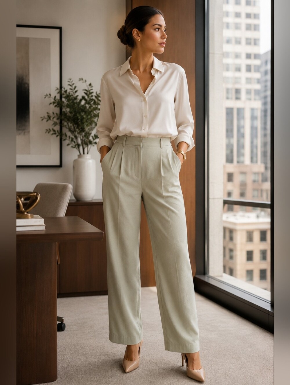 A New Day Olive High Rise Pleated Straight Trouser Pants 12S NWT